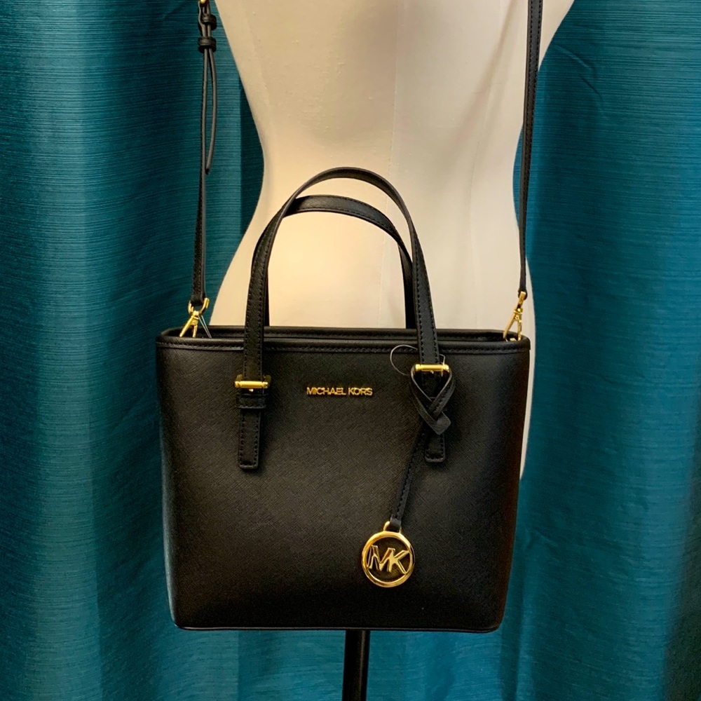BNWT MICHAEL KORS BLACK LEATHER TOTE CONVERTIBLE CROSSBODY-SAFFIANO LEAT…